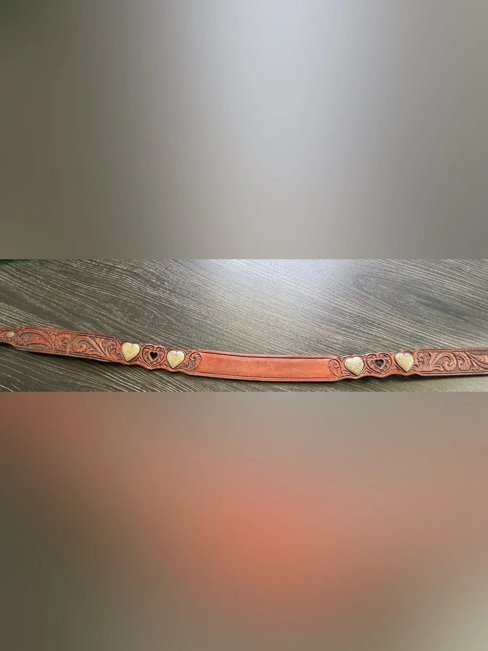 Hand-Tooled Brown Leather Women's Belt with Patina Buckle. SKU 26